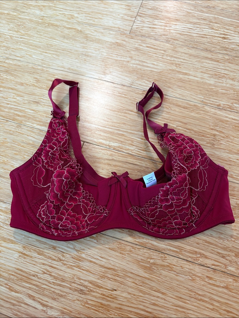 Cacique Lightly Lined Quarter Cup Lace Bra Burgundy Maroon Metallic 34D elegant